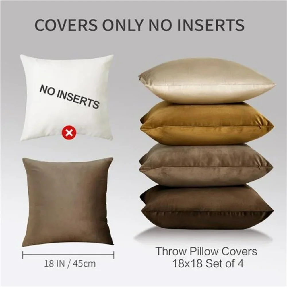 Velvet Throw Pillow Covers 18x18 Set of 4 Brown Decorative Cushion Cases for Sof